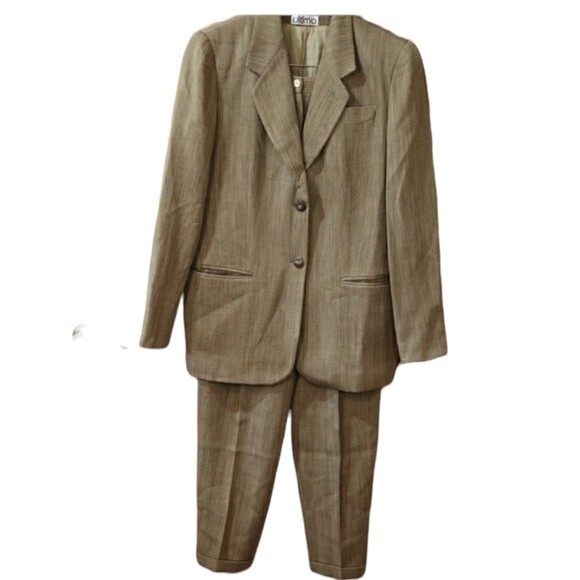Ultimo Vintage Green Brown Pant Suit Blazer Longline Career Size 12 - Picture 1 of 16